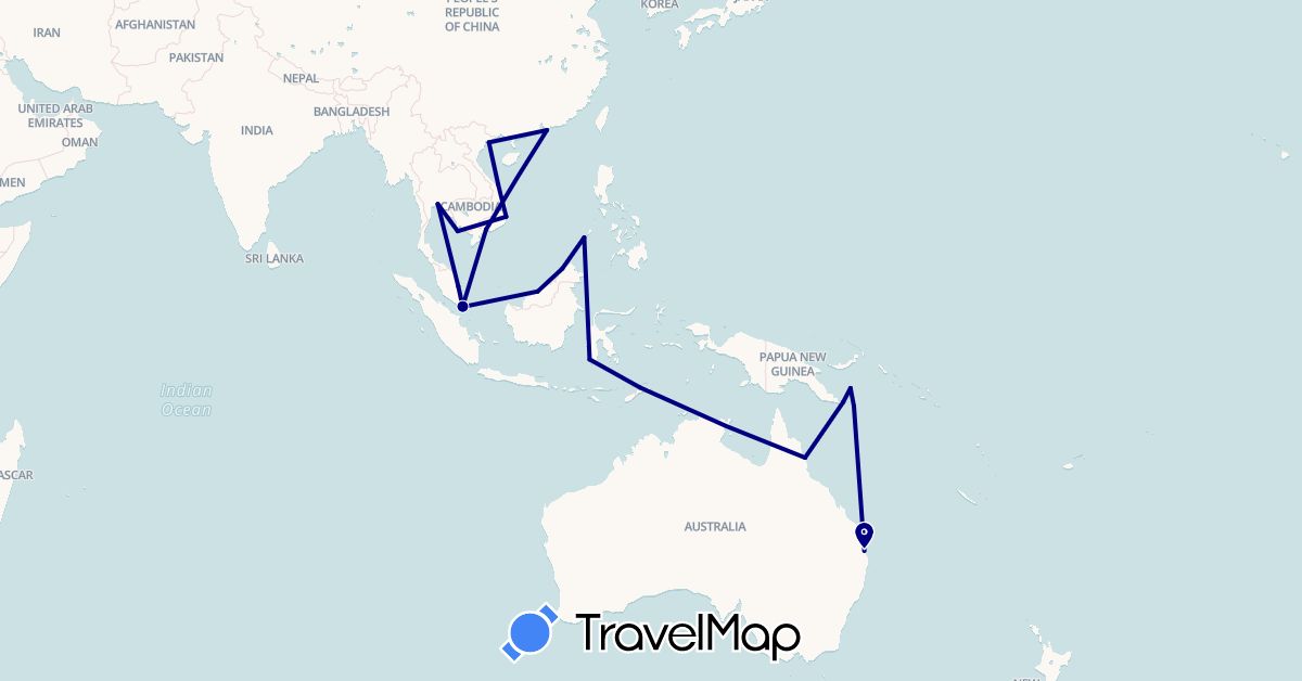 TravelMap itinerary: driving in Australia, China, Indonesia, Cambodia, Malaysia, Papua New Guinea, Philippines, Singapore, Thailand, East Timor, Vietnam (Asia, Oceania)